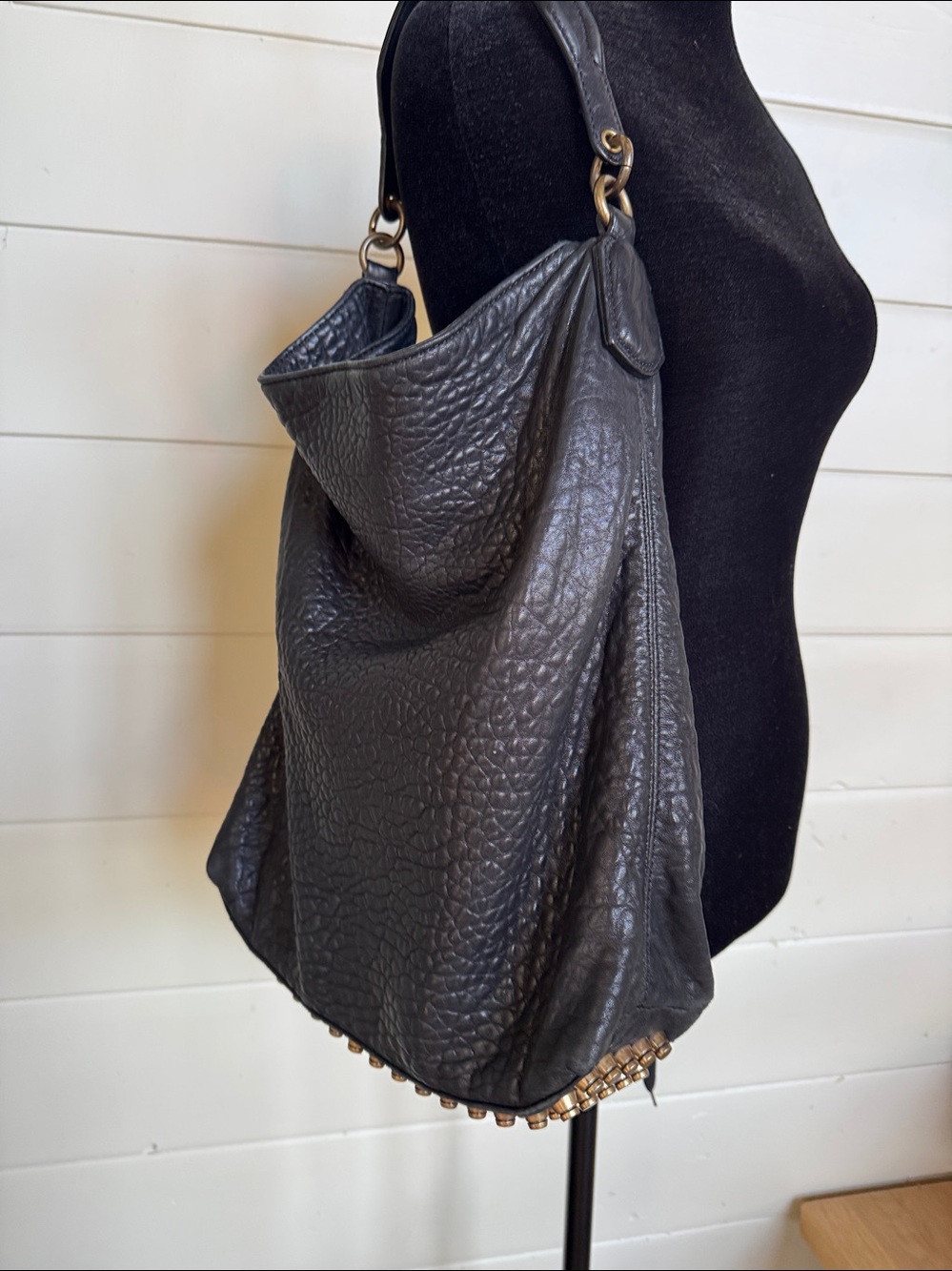 Alexander Wang Darcy Pebbled Leather Hobo Shoulder Bag with Gold Studs